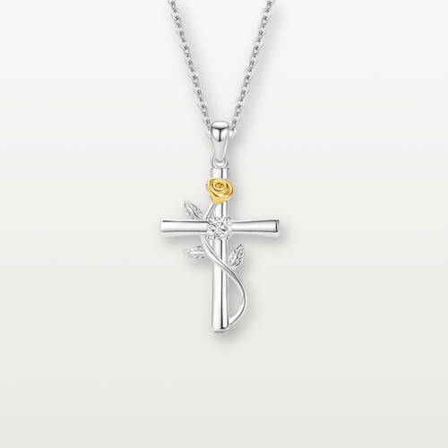 Kreuzkette mit goldener Rose und Zirkonia - Volura