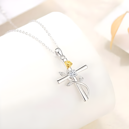 Kreuzkette mit goldener Rose und Zirkonia - Volura