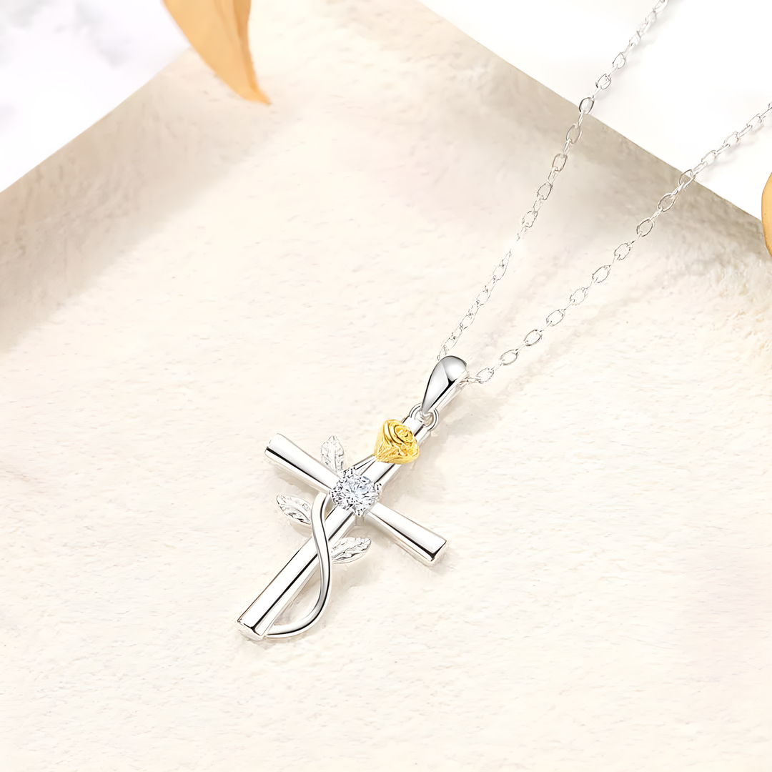 Kreuzkette mit goldener Rose und Zirkonia - Volura