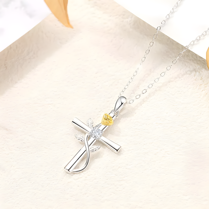 Kreuzkette mit goldener Rose und Zirkonia - Volura