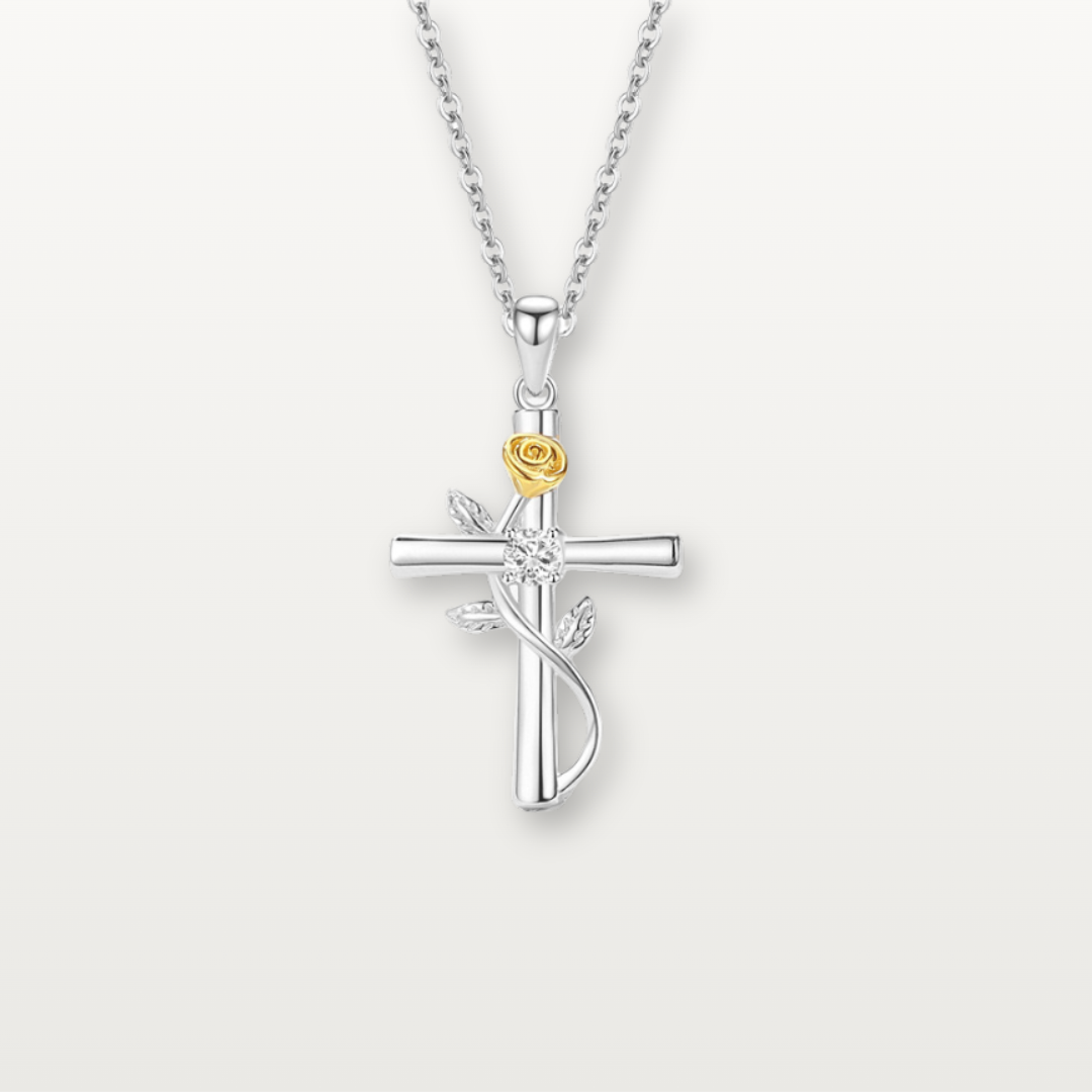 Kreuzkette mit goldener Rose und Zirkonia - Volura